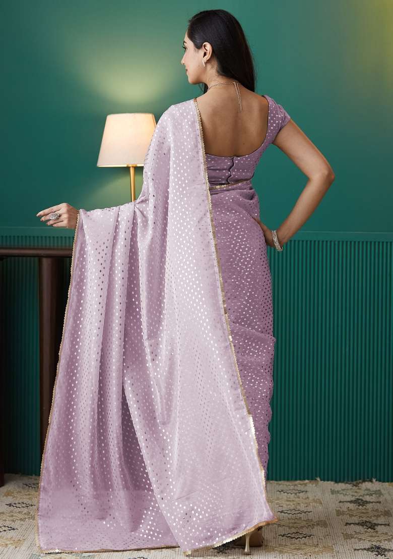 Purple Printed Organza Saree Set - Indya