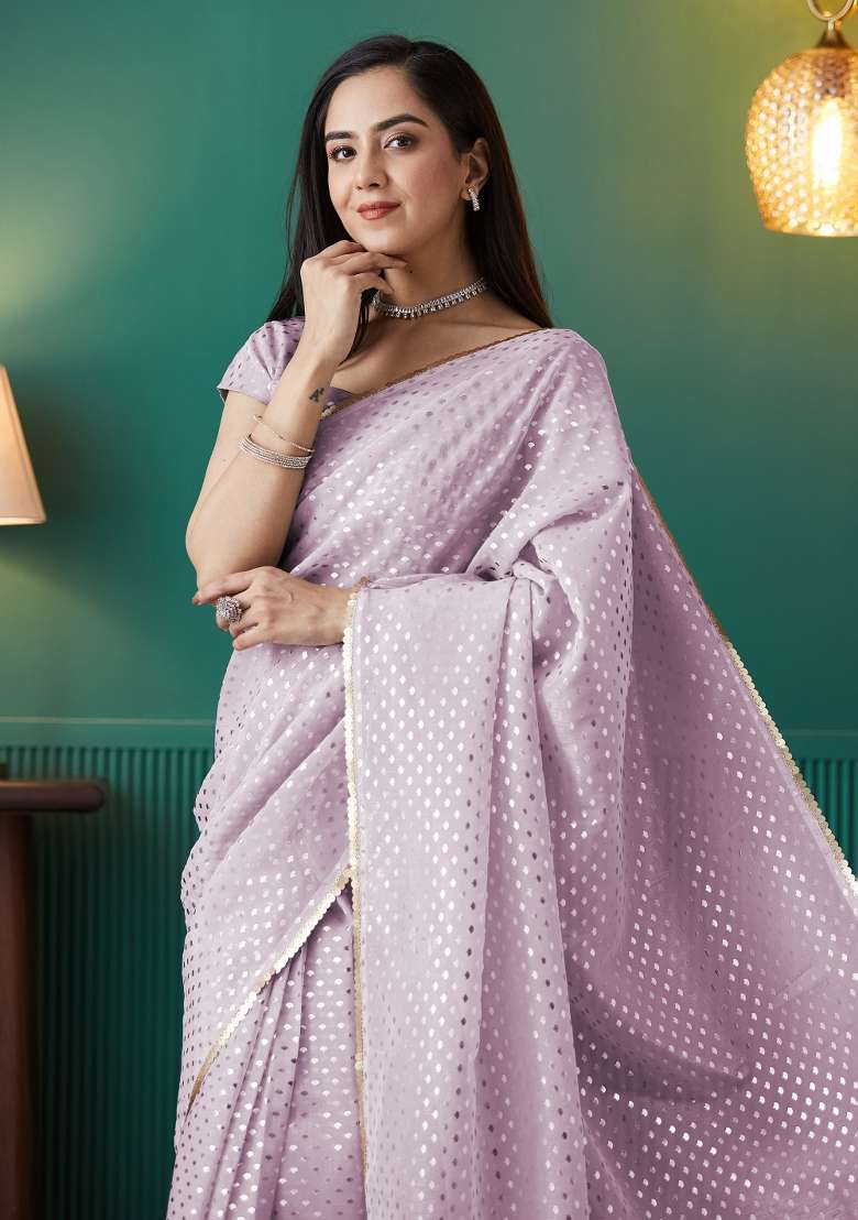 Purple Printed Organza Saree Set - Indya