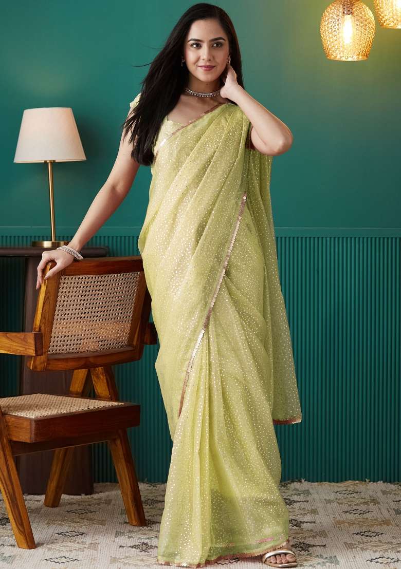 Olive Printed Organza Saree Set - Indya