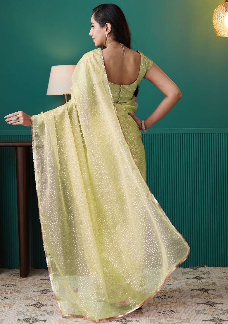 Olive Printed Organza Saree Set - Indya