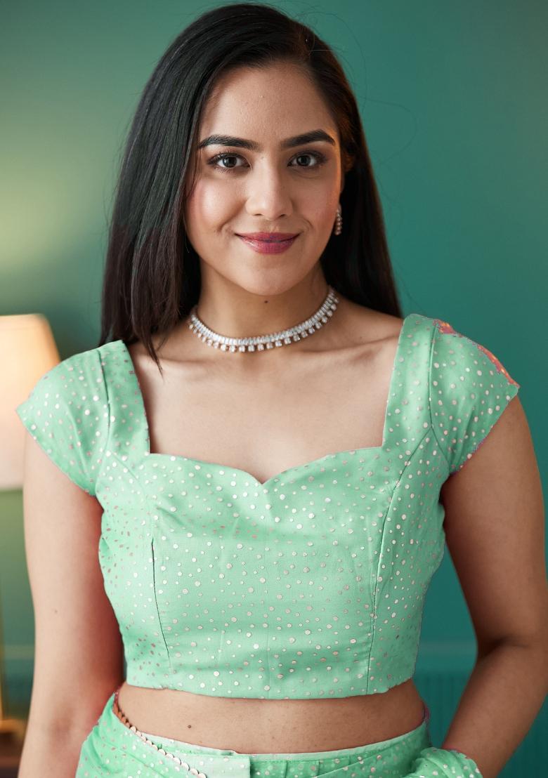 Green Printed Organza Saree Set