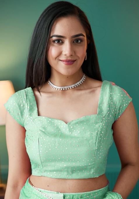 Green Printed Organza Saree Set