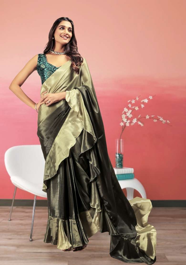 Green Printed satin Saree Set - Indya