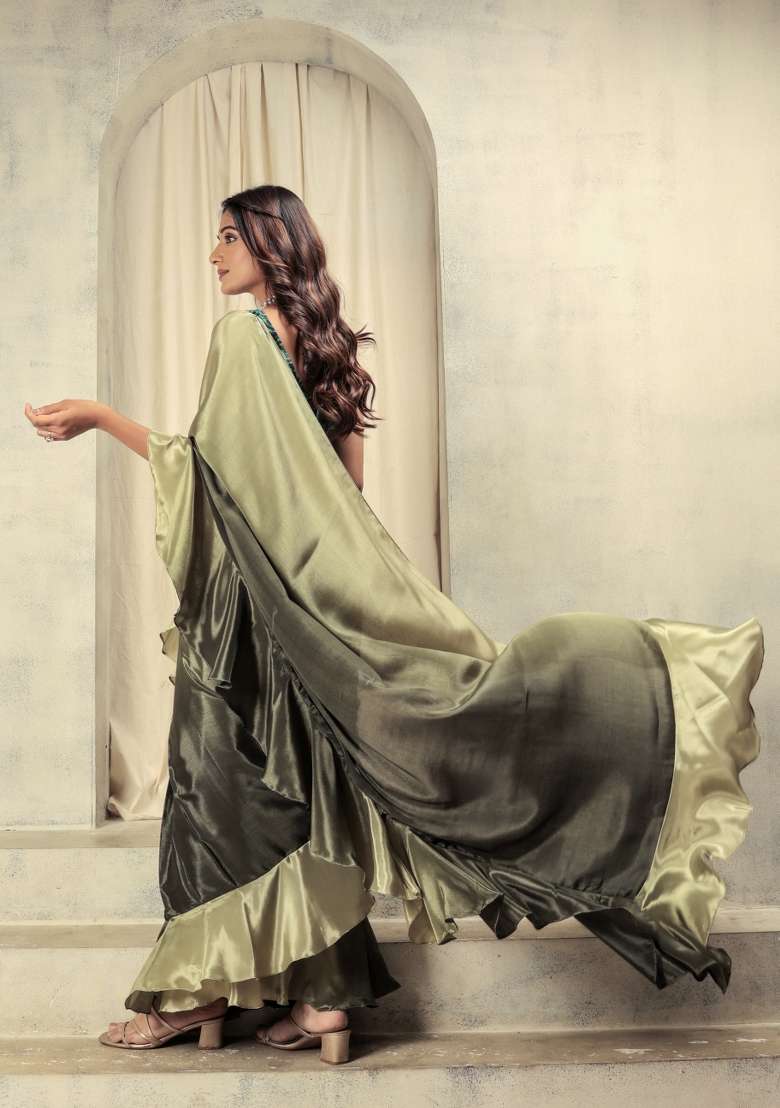 Green Printed satin Saree Set - Indya