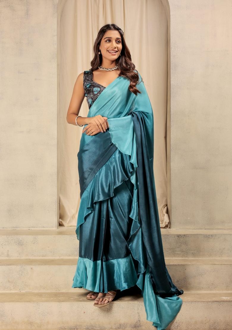 Blue Printed satin Saree Set