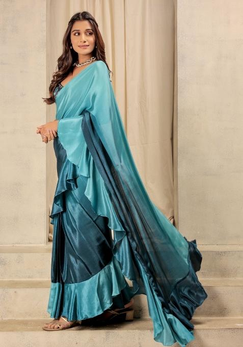 Blue Printed satin Saree Set