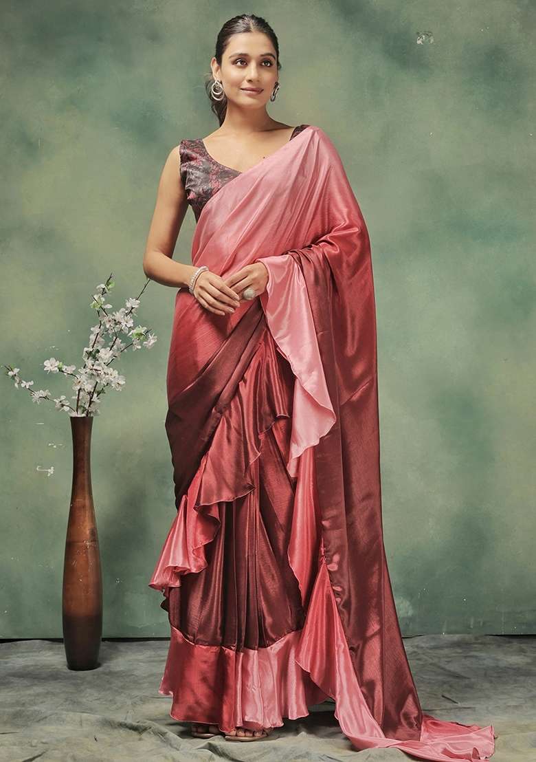 Pink Printed satin Saree Set - Indya