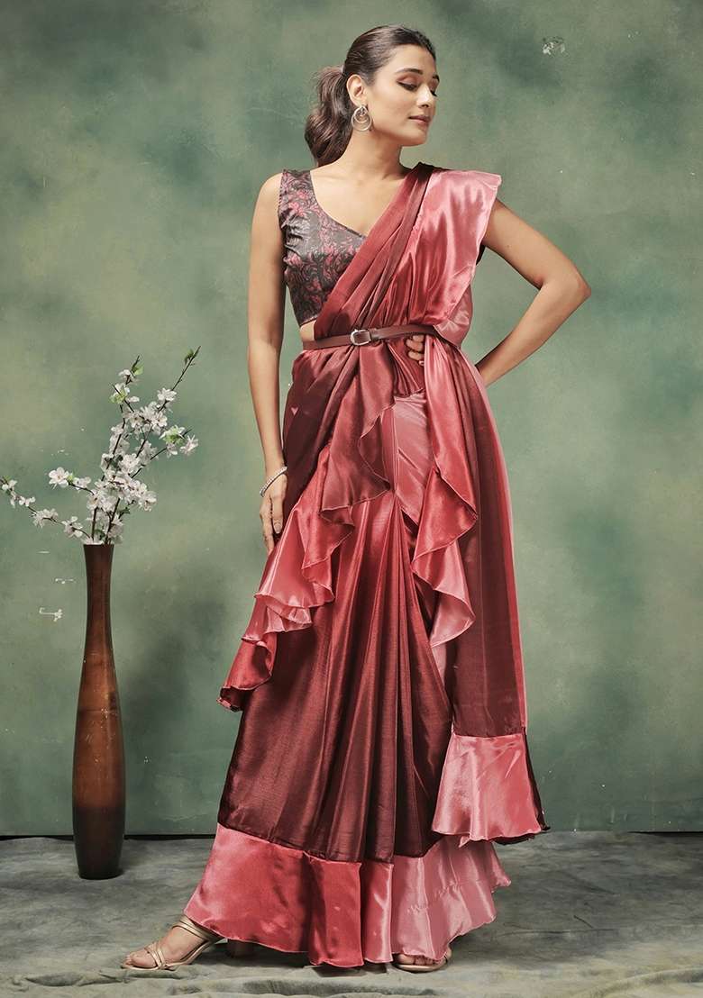 Pink Printed satin Saree Set - Indya