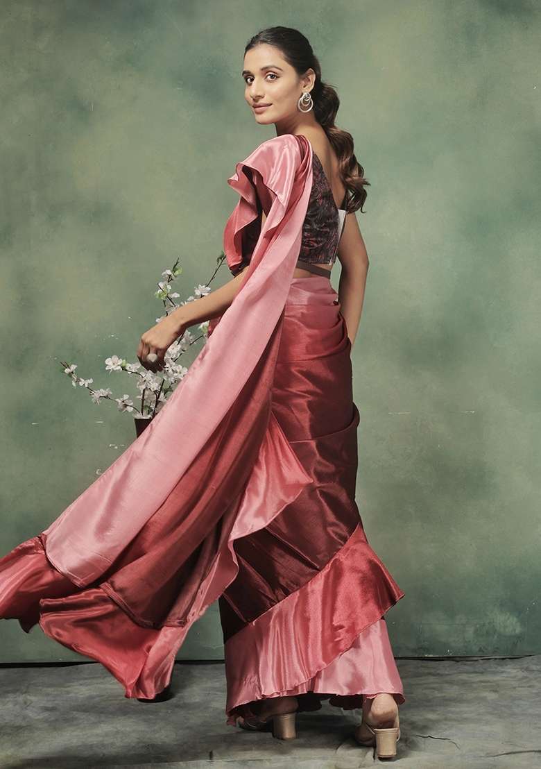 Pink Printed satin Saree Set - Indya