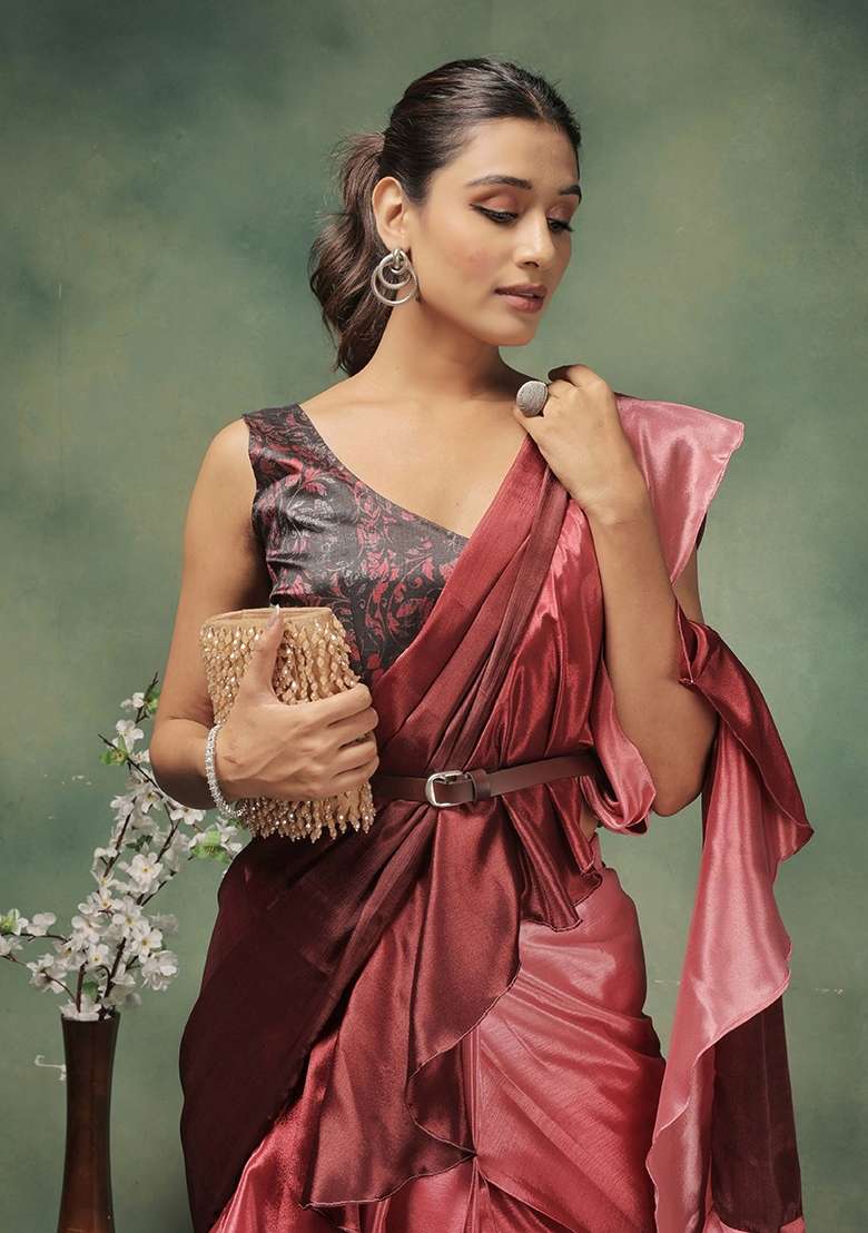 Pink Printed satin Saree Set - Indya