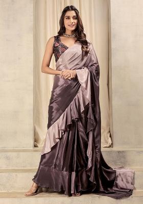 Wine Printed satin Saree Set
