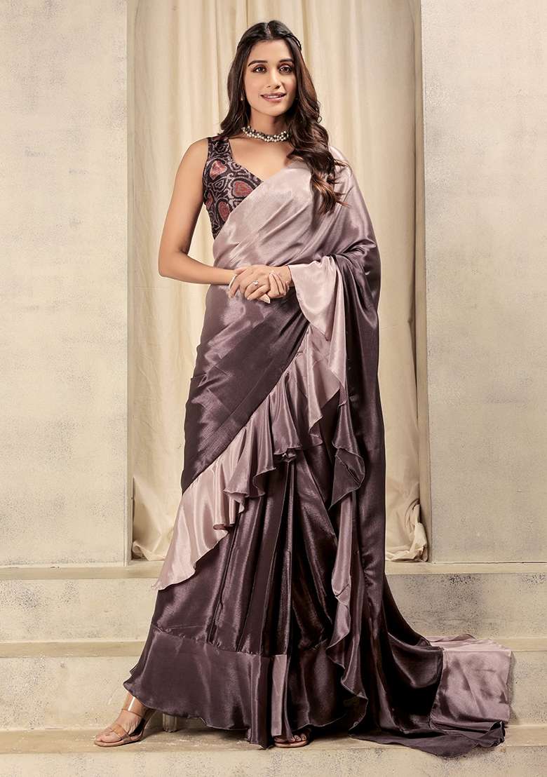 Wine Printed satin Saree Set - Indya