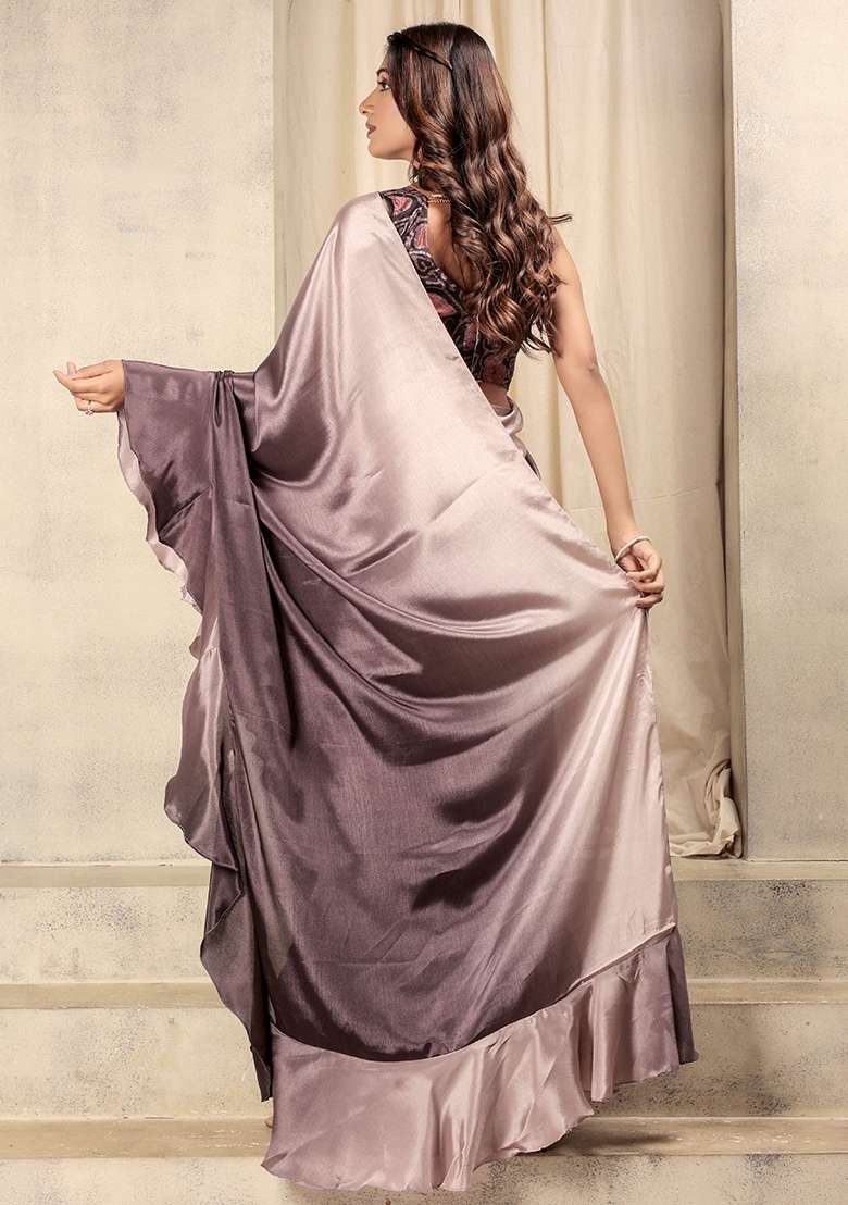 Wine Printed satin Saree Set - Indya