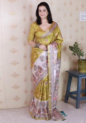 Yellow Embroidered Silk Saree Set