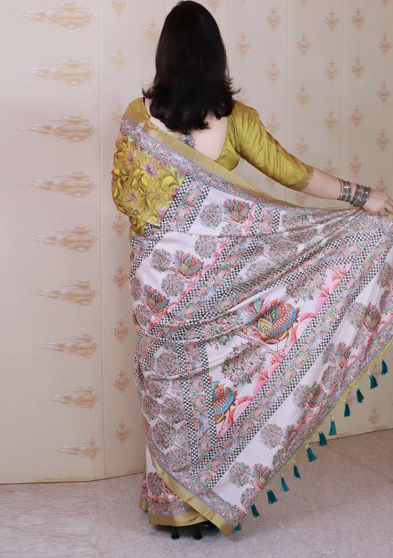 Yellow Embroidered Silk Saree Set for Diwali and Festive Wear - Indya