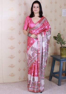 Pink Embroidered Silk Saree Set