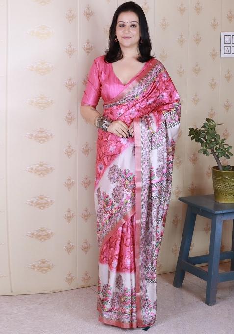 Pink Embroidered Silk Saree Set