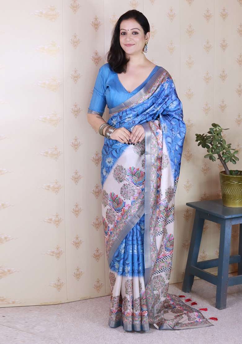 Blue Embroidered Silk Saree Set for Diwali and Festive Wear - Indya