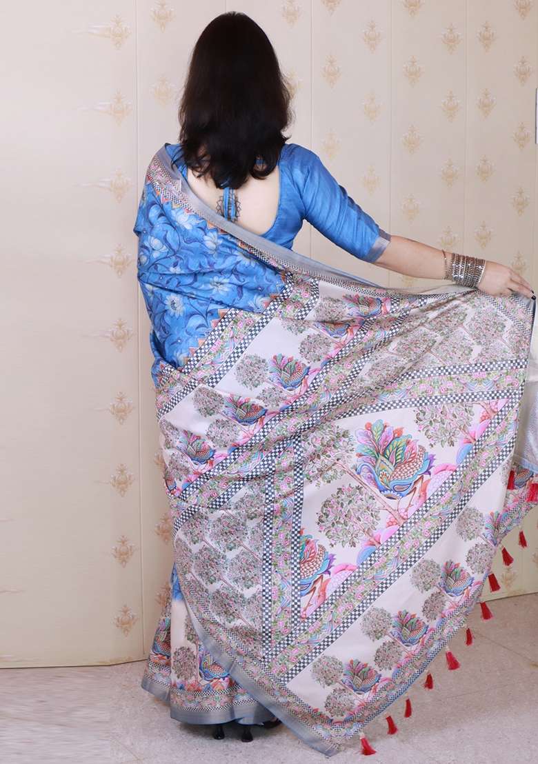 Blue Embroidered Silk Saree Set for Diwali and Festive Wear - Indya