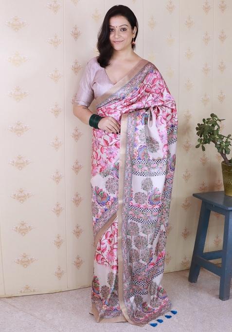 Grey Embroidered Silk Saree Set
