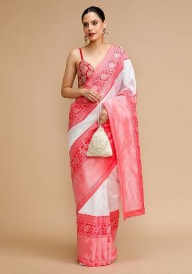 Beige Embroidered Silk Saree Set