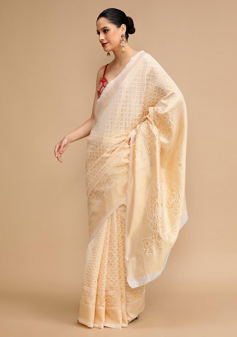 Beige Embroidered Silk Saree Set - Indya