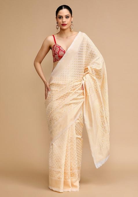 Beige Embroidered Silk Saree Set