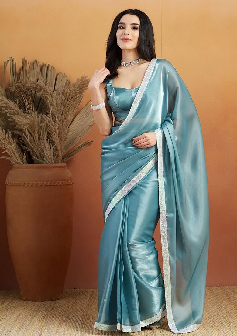 Blue Embroidered velvet Saree Set