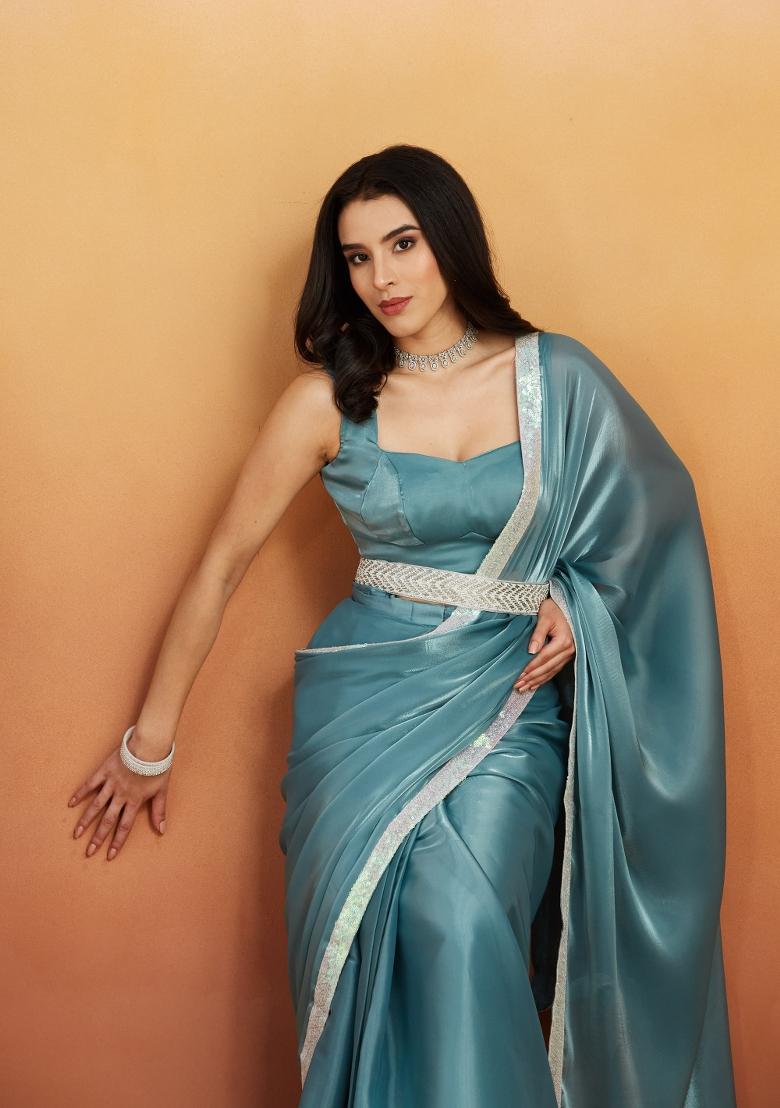 Blue Embroidered velvet Saree Set