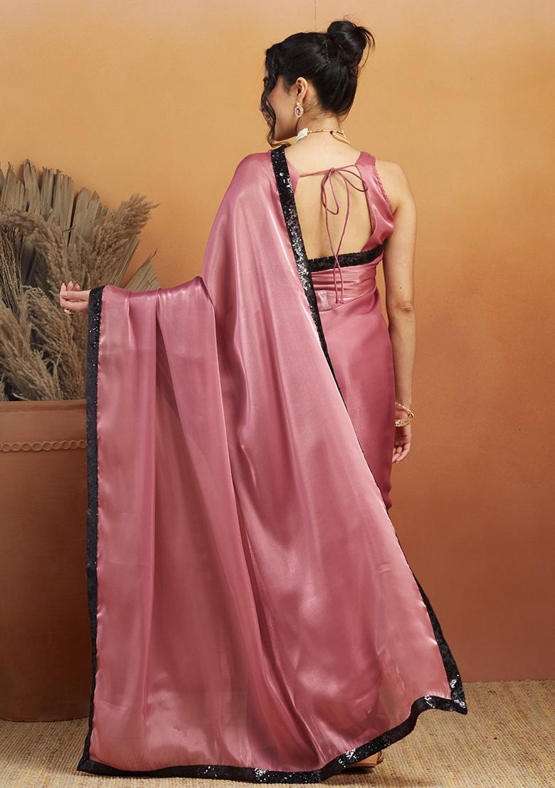 Pink Embroidered velvet Saree Set