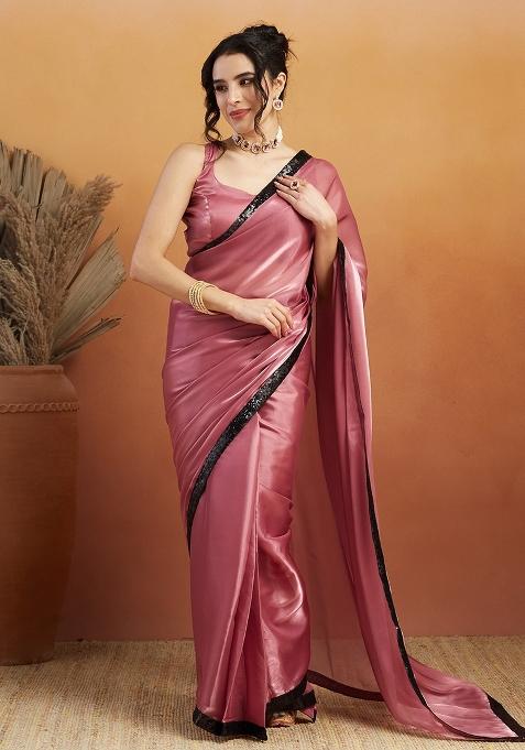 Pink Embroidered velvet Saree Set