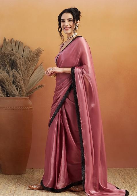 Pink Embroidered velvet Saree Set