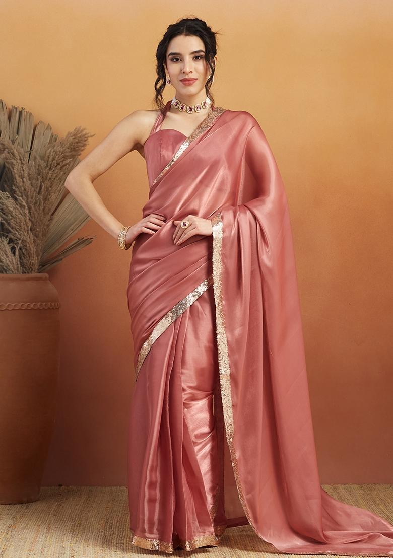 Pink Embroidered velvet Saree Set