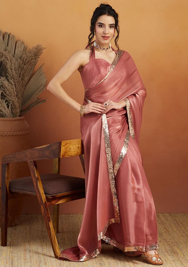 Pink Embroidered velvet Saree Set