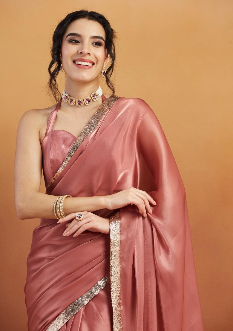 Pink Embroidered velvet Saree Set