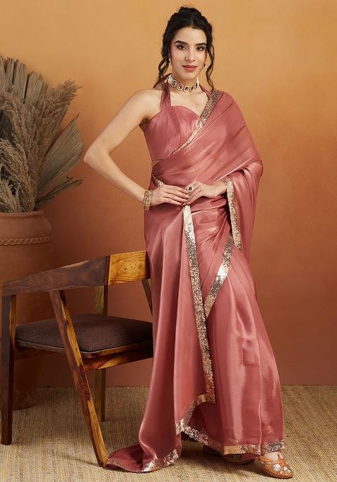 Pink Embroidered velvet Saree Set