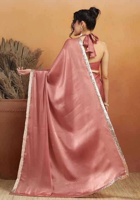 Pink Embroidered velvet Saree Set
