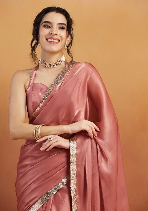 Pink Embroidered velvet Saree Set
