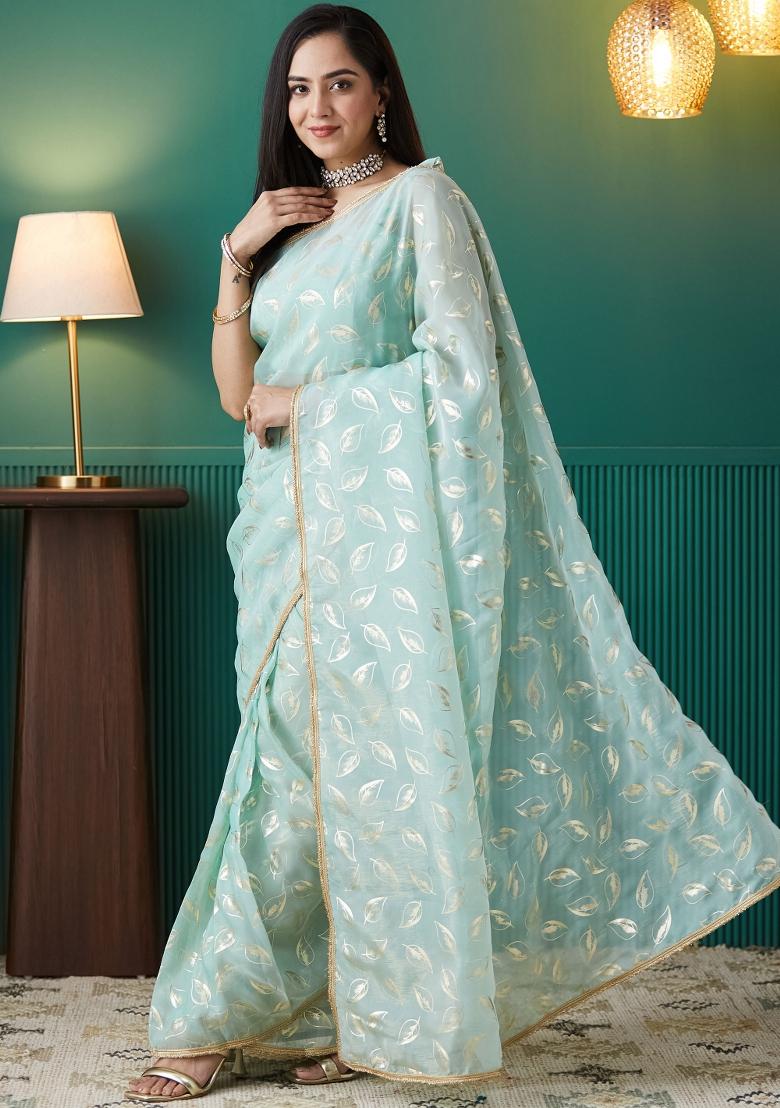 Blue Printed Organza Saree Set - Indya
