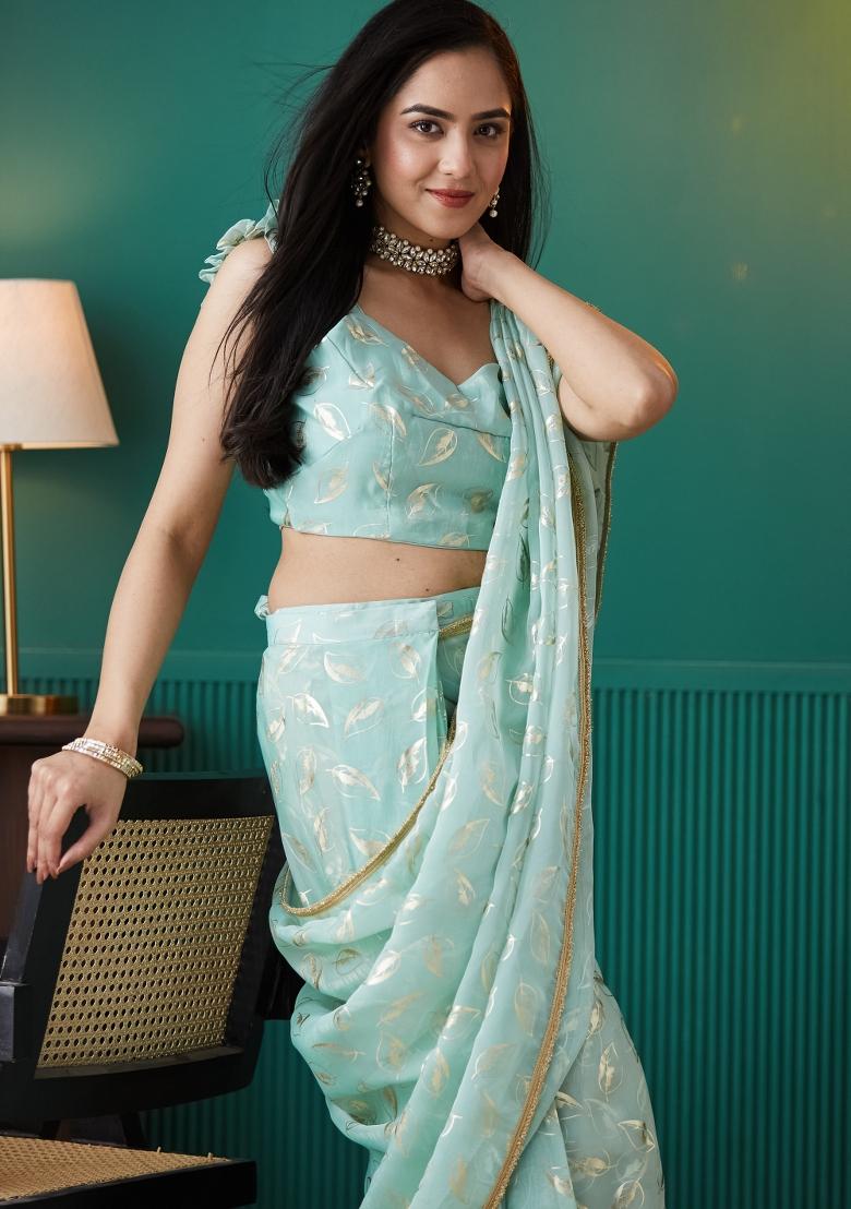 Blue Printed Organza Saree Set