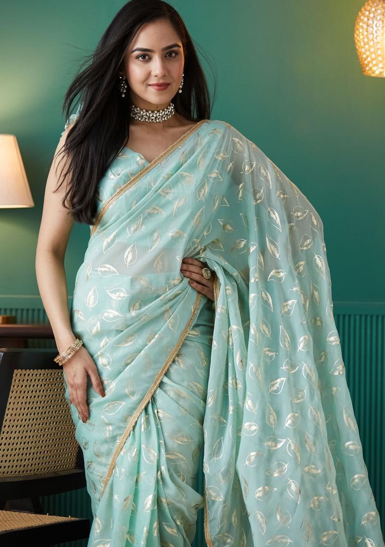 Blue Printed Organza Saree Set - Indya
