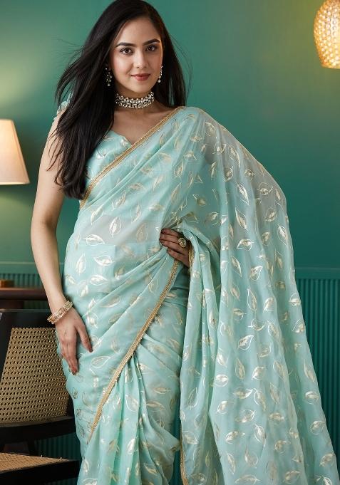 Blue Printed Organza Saree Set