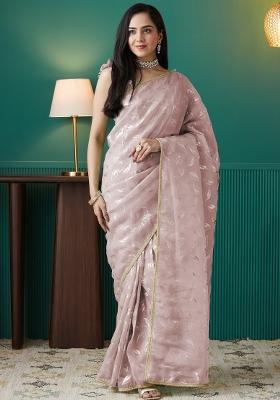 Peach Printed Organza Saree Set
