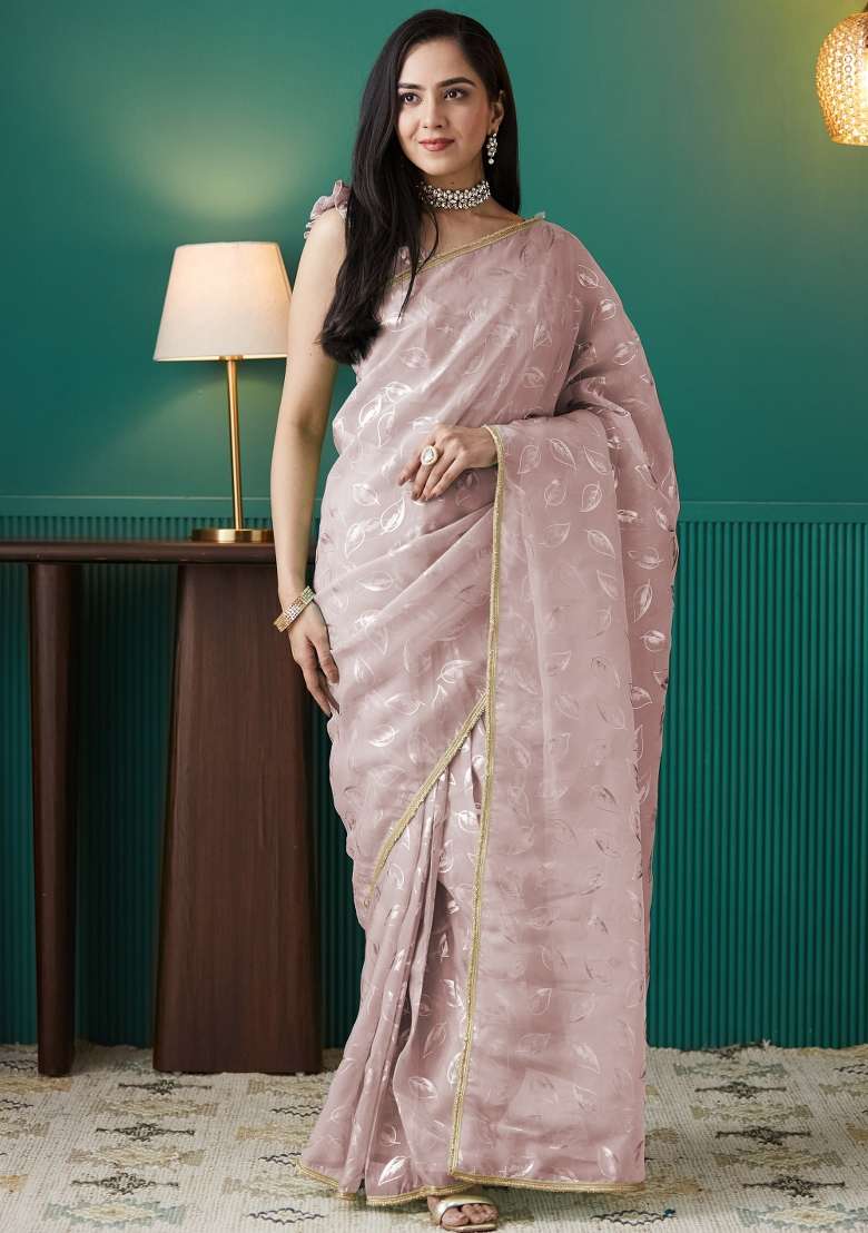 Peach Printed Organza Saree Set - Indya