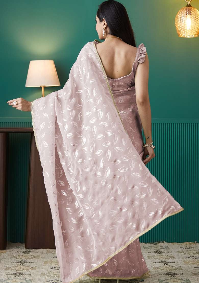 Peach Printed Organza Saree Set - Indya