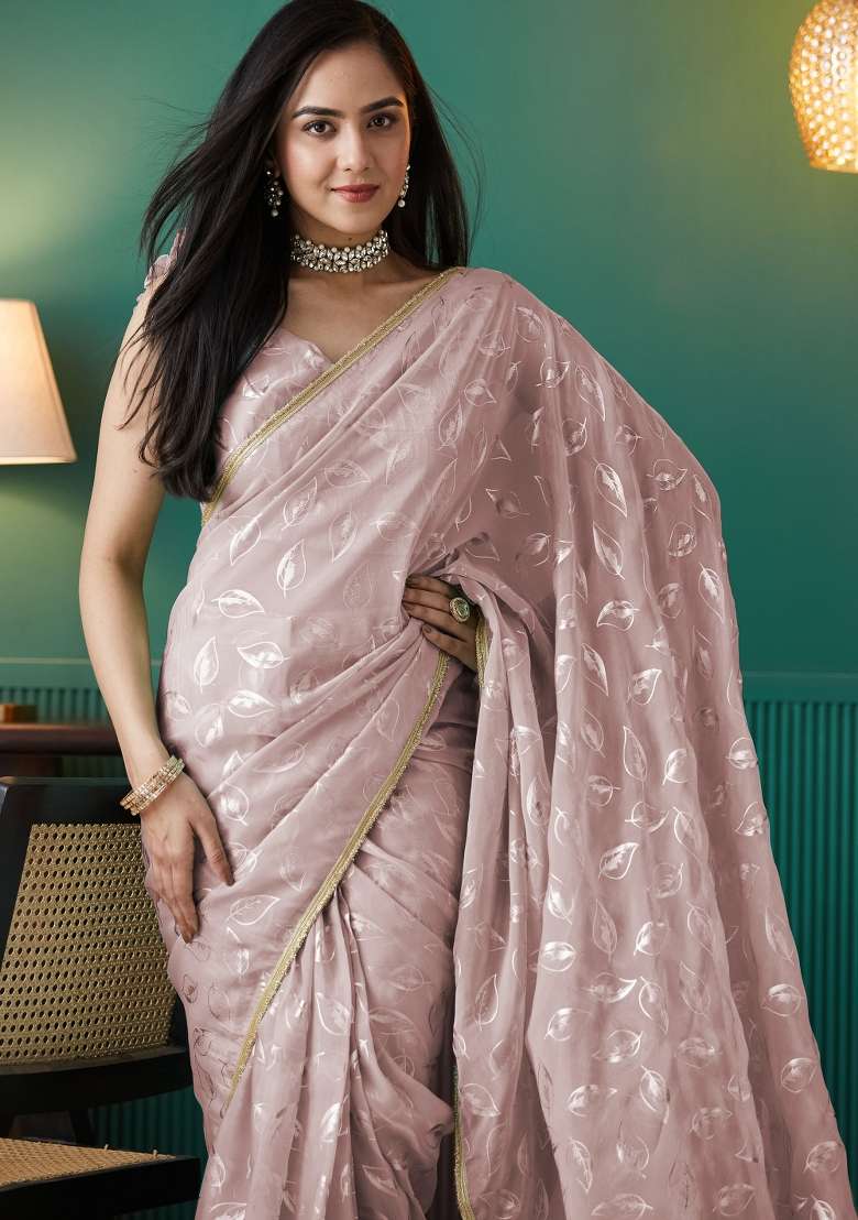 Peach Printed Organza Saree Set - Indya