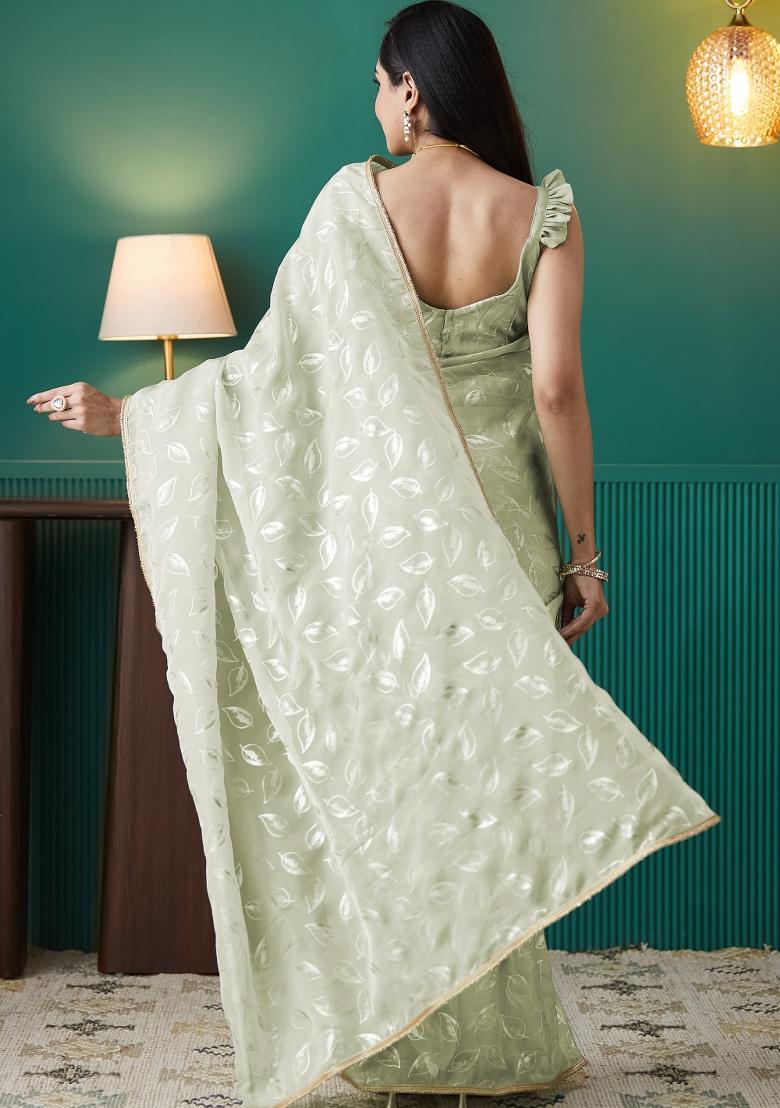 Green Printed Organza Saree Set