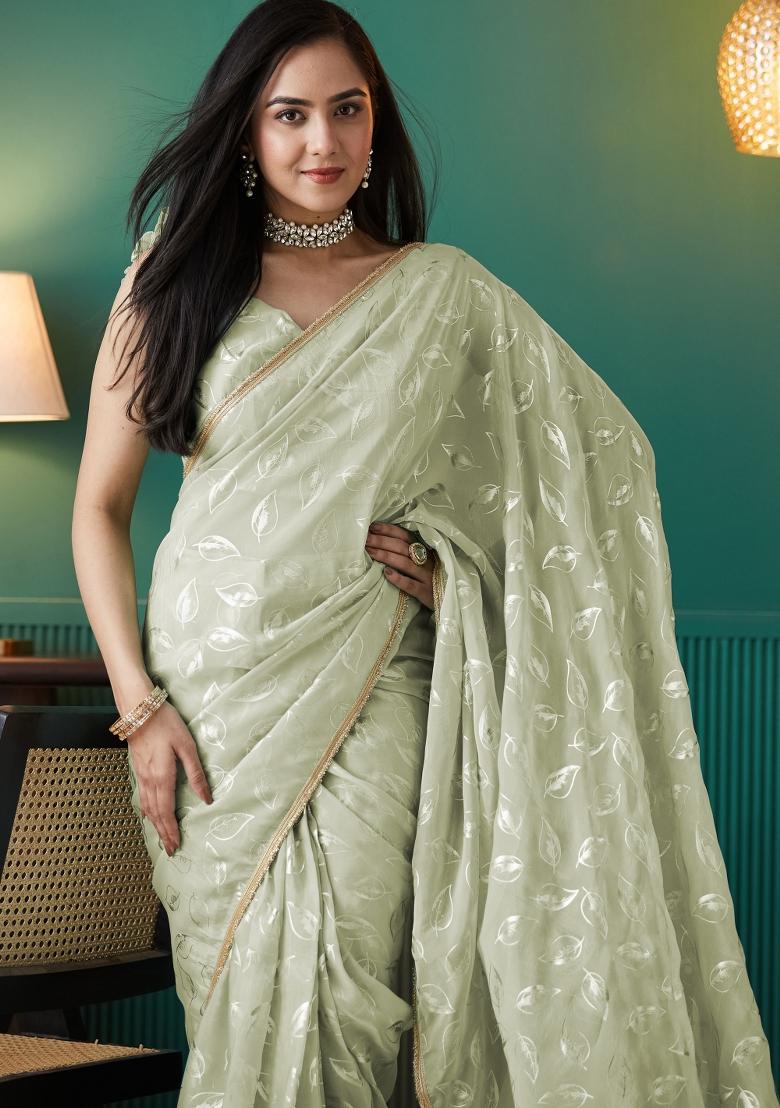 Green Printed Organza Saree Set