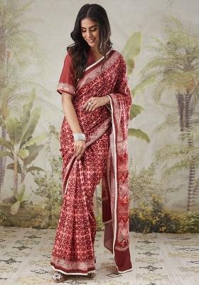 Maroon Printed Silk Saree Set
