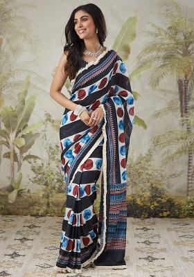 Black Printed Silk Saree Set